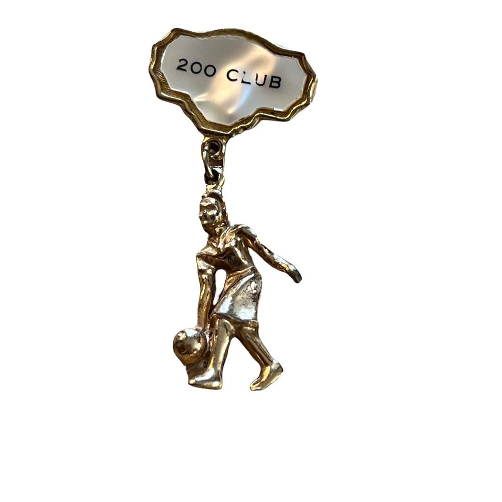 Vintage 200 Club Lady Bowler Dangle Pin Brooch Mother of Pearl Gold Tone Bowling